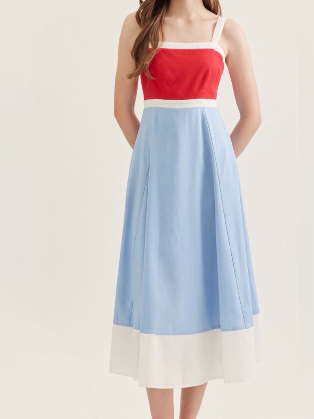 LOVE! Red White Chambray Blue Americana Colorblock Linen Midi Dress Tuckernuck